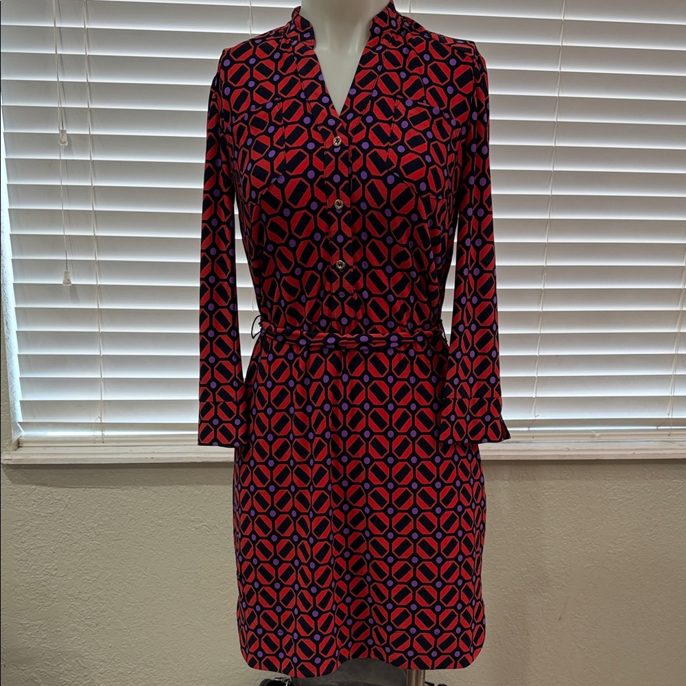 Donna Morgan Stylish Red Orange, purple , and Navy Blue Geometric Dress
